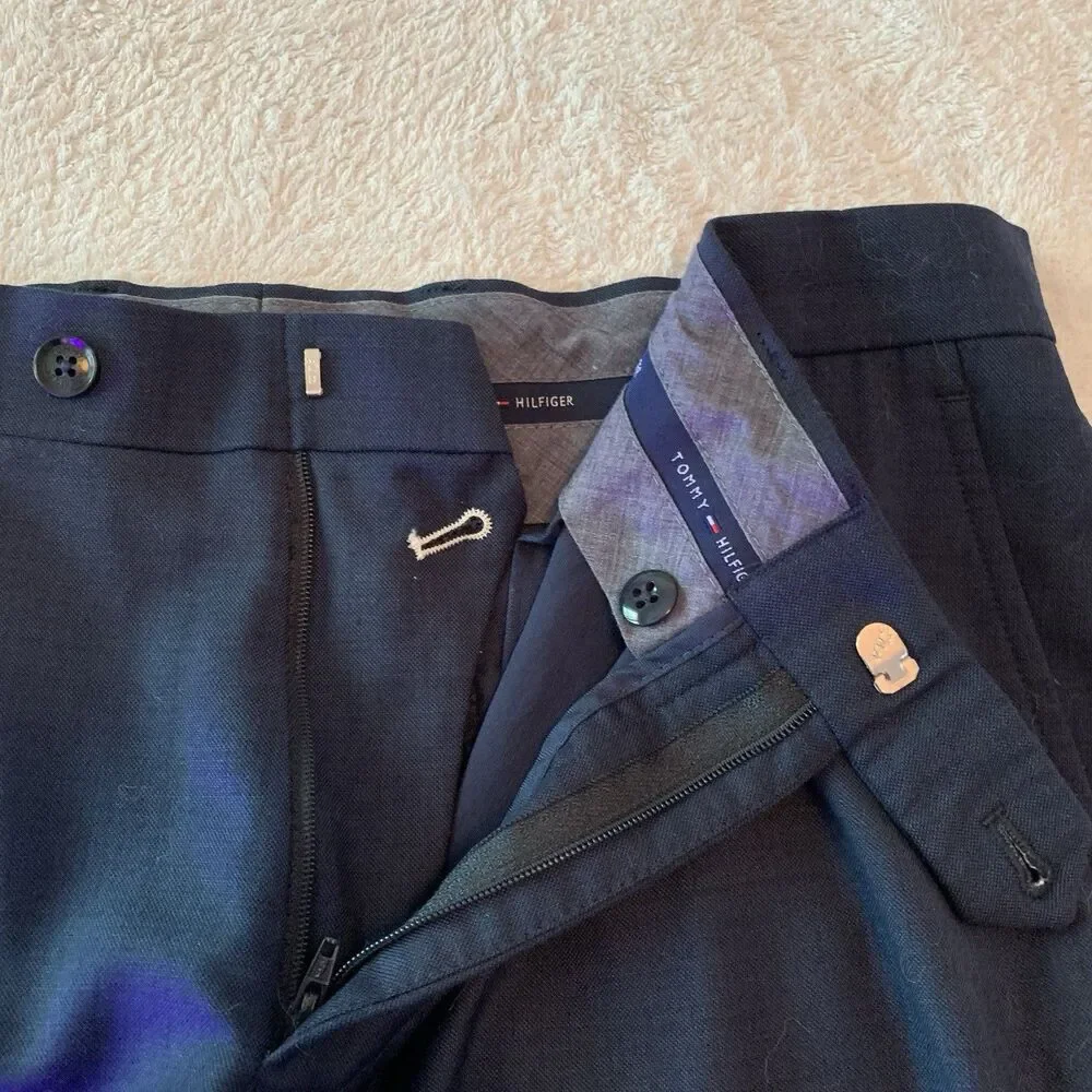 Tommy Hilfiger Pants Men 34WX30L Dark Blue Classic Fit Wool Blend Dress Business